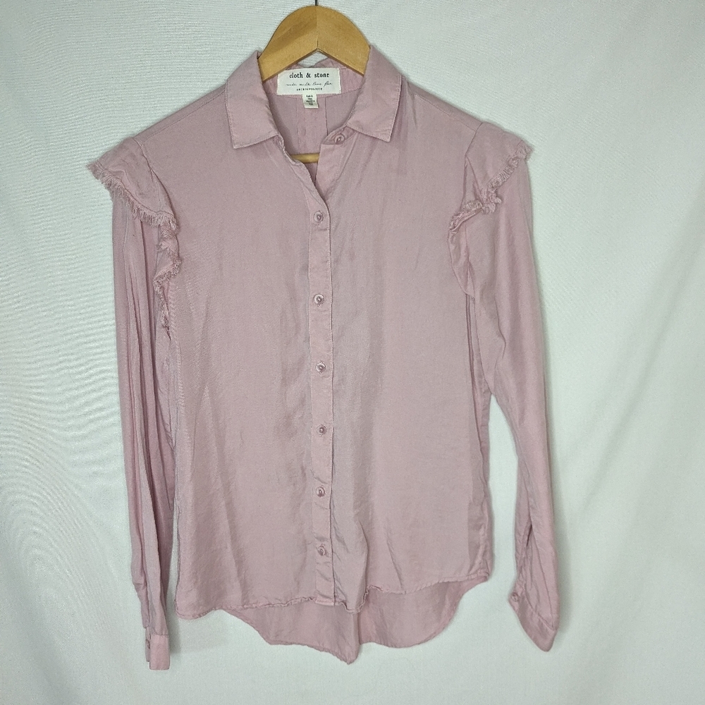 Anthropologie CLOTH & STONE XS Top Pink Frayed Ruffle Shoulder Western Button Up